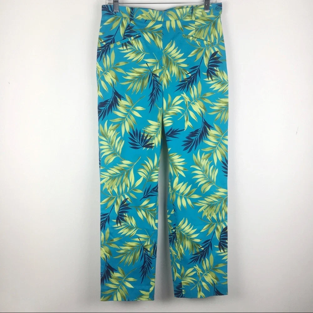 Willi Smith‎ Womens Size 10 Blue Green Tropical Palm Print Cropped Cotton Pants